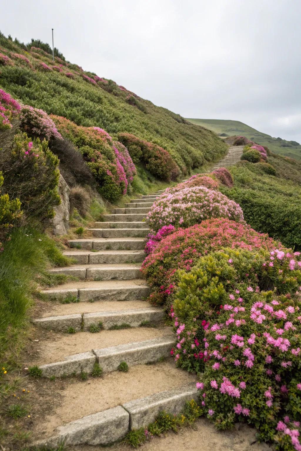 Rich flora exquisitely outlines steps, integrating them into the scenery.