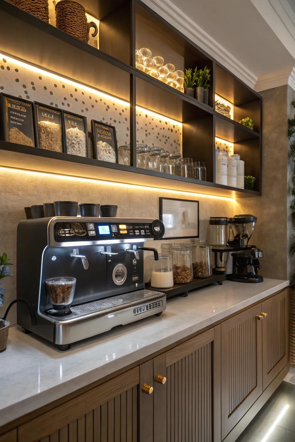 Illumination can turn your coffee station into a cozy and appealing area.