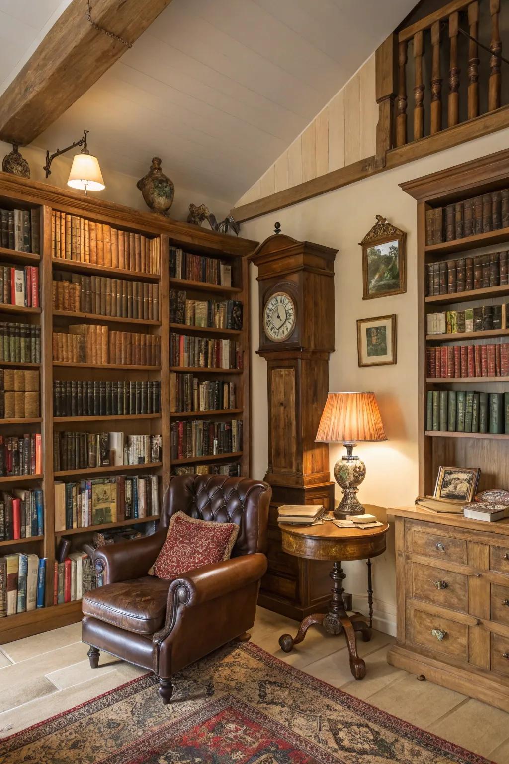 Old-fashioned treasures add character to modern libraries.