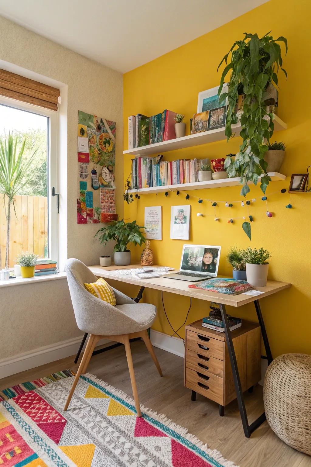 A burst of golden energizes this creative personal office.