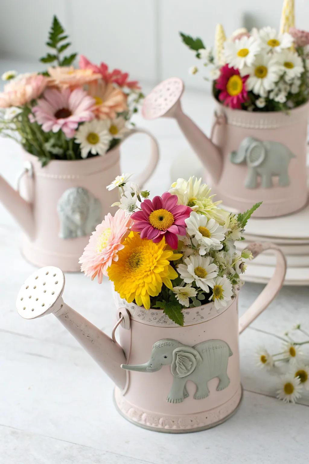 Small watering vessel showpieces accentuated with elephant touches.