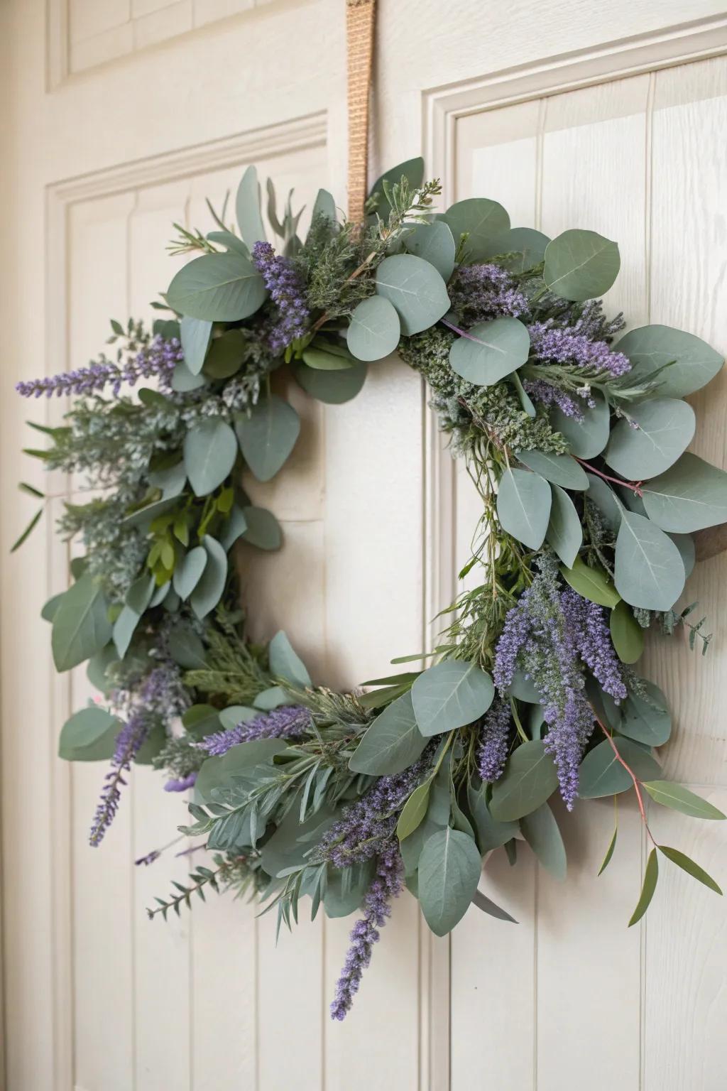 Experience peace with this silver dollar and bluebell wreath, a refined fusion of natural grace and soothing aromas.
