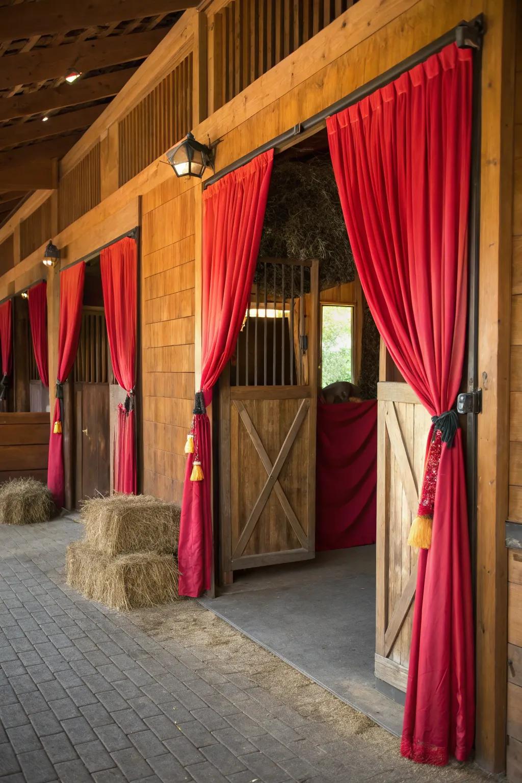 Vibrant drapes infuse horse stalls with both elegance and seclusion.