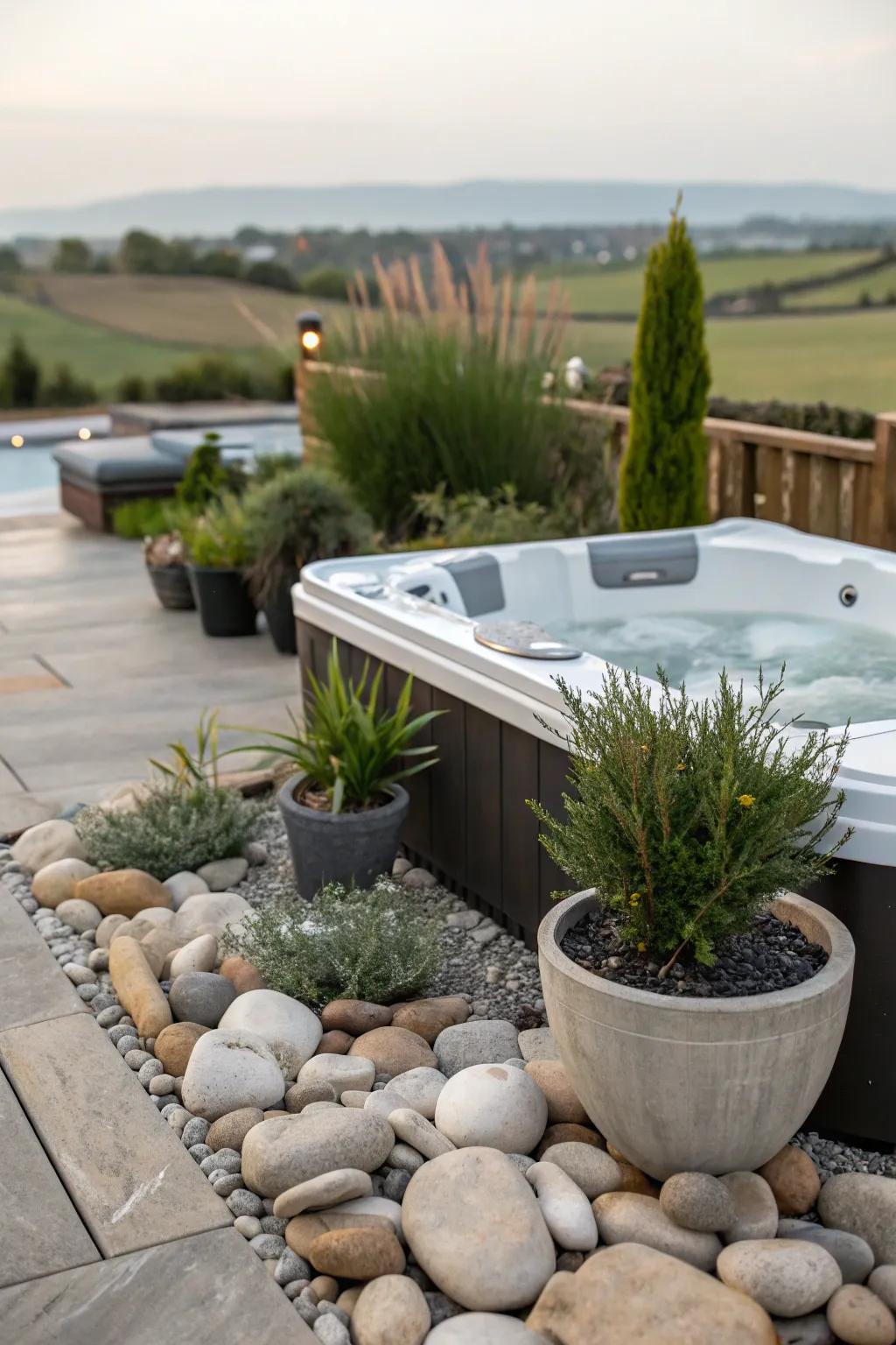 Ornamental stones and flower boxes inject charm into the <strong><em>hot tub</em></strong> setting.” loading=”lazy” class=”pimg”>
	</picture><figcaption>Ornamental stones and flower boxes inject charm into the <strong><em>hot tub</em></strong> setting.</figcaption></figure>
<p>Incorporate artistic details like stones or elegant flower boxes to boost your <strong><em>hot tub’s</em></strong> visual allure. In my undertakings, I’ve noticed these accents can genuinely unify the area wonderfully.</p>
<h3>Useful items to consider:</h3>
<ul class=