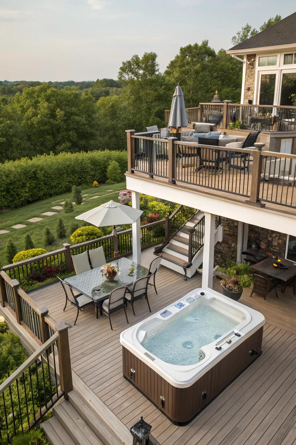 Multi-level decks present adaptable areas for various activities.