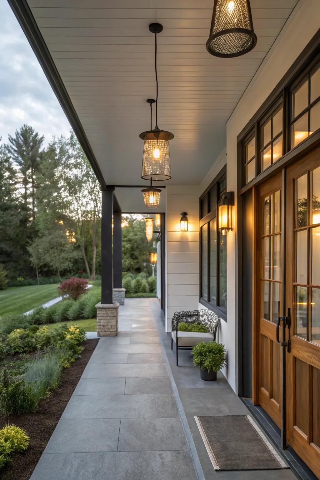 Gentle lighting conjures a cozy atmosphere on this modern porch.