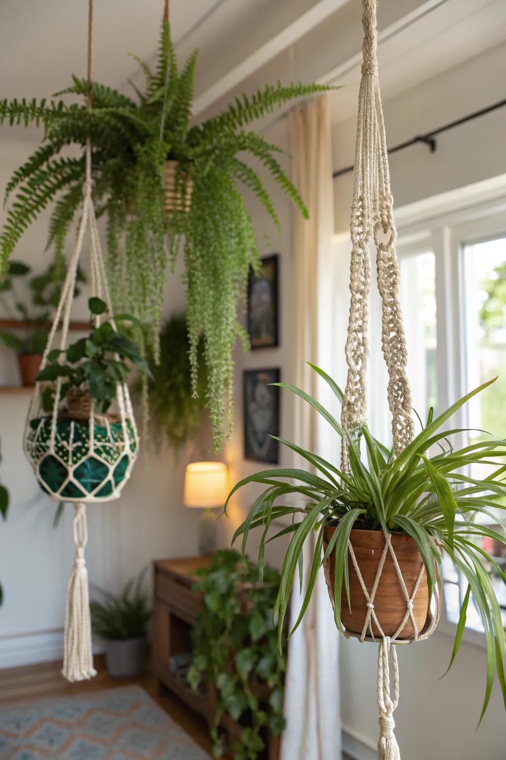 Suspended plants contribute a bohemian feel to any interior.