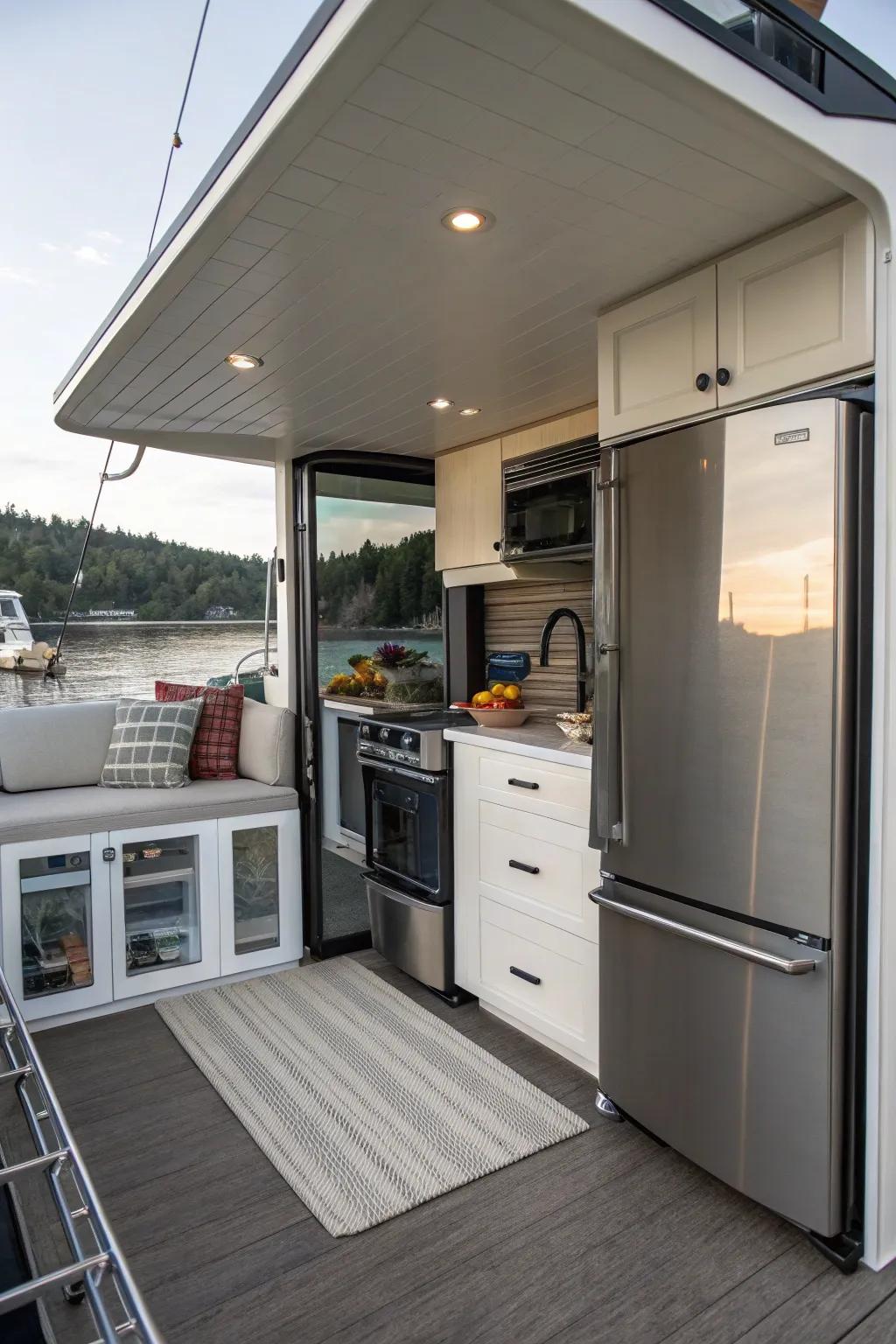This houseboat features a compact kitchen that is both well-equipped and thoughtfully planned.