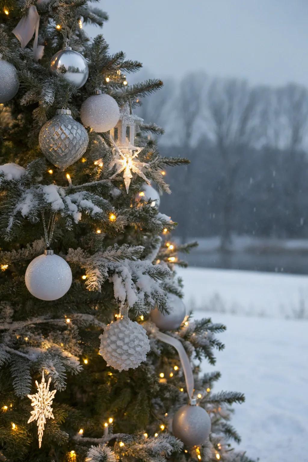 A Christmas tree that features a winter wonderland theme, adorned with white and silver.