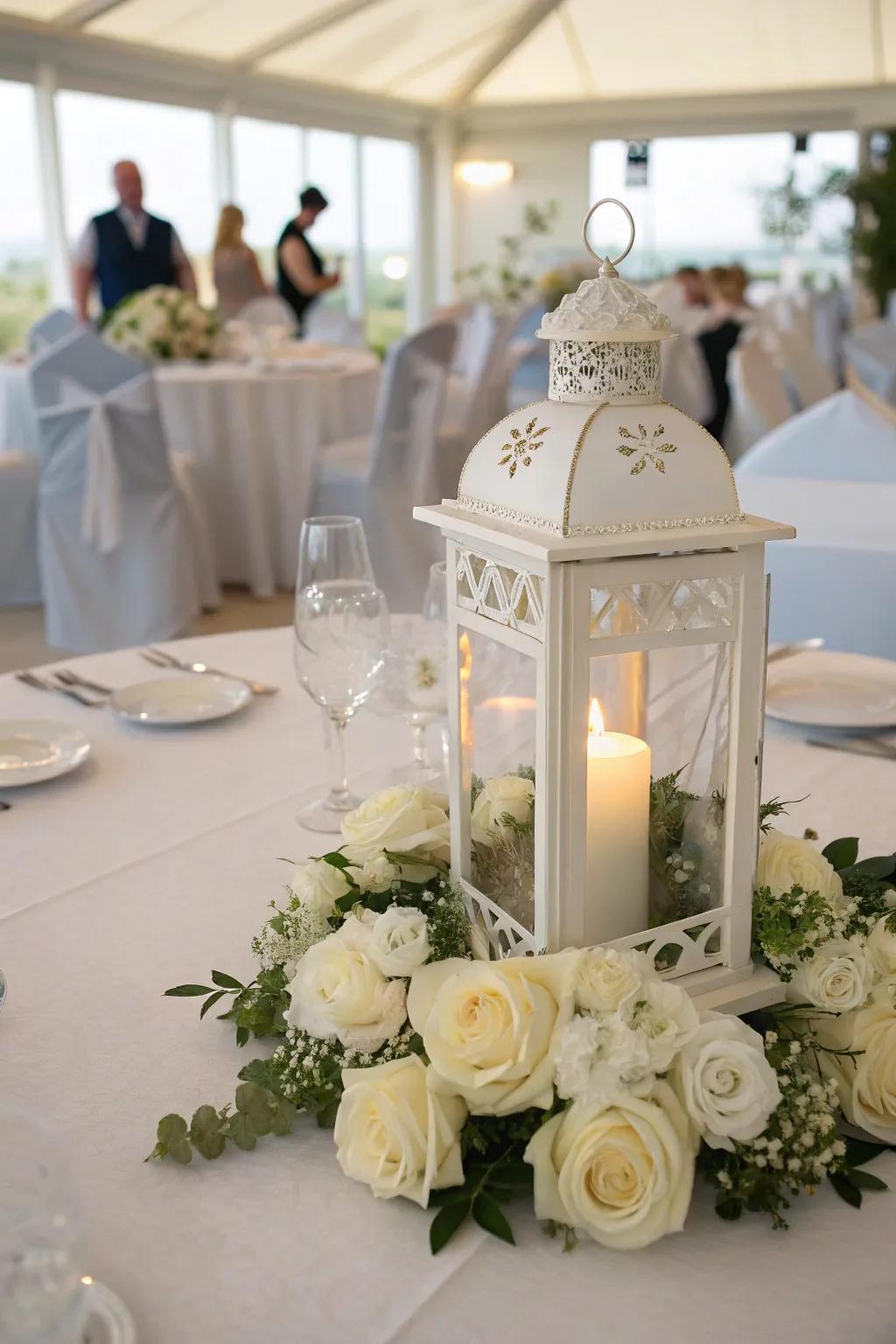 A sophisticated wedding centerpiece featuring white roses and a metallic lantern.