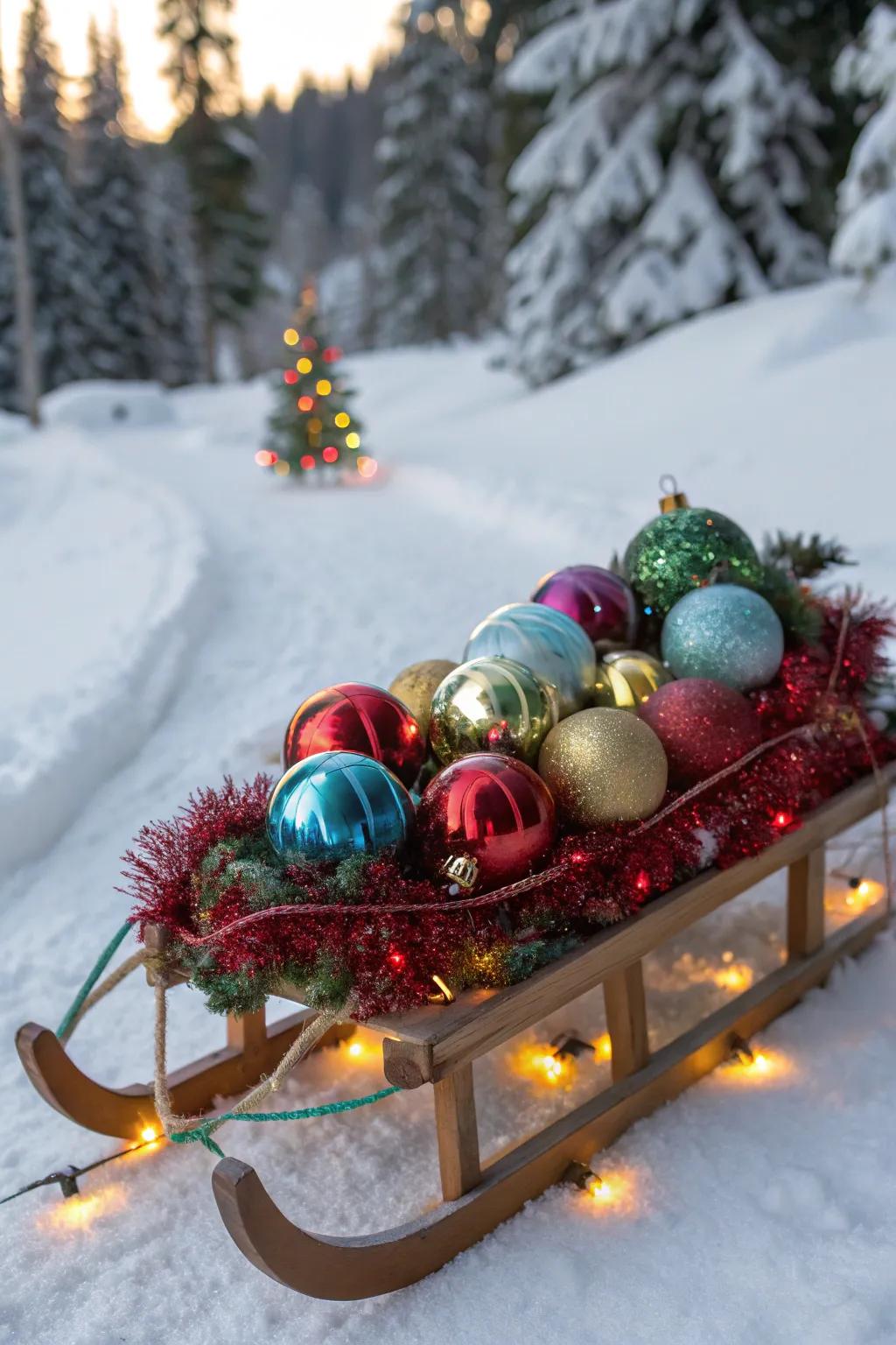 A sled shimmering with radiant holiday baubles