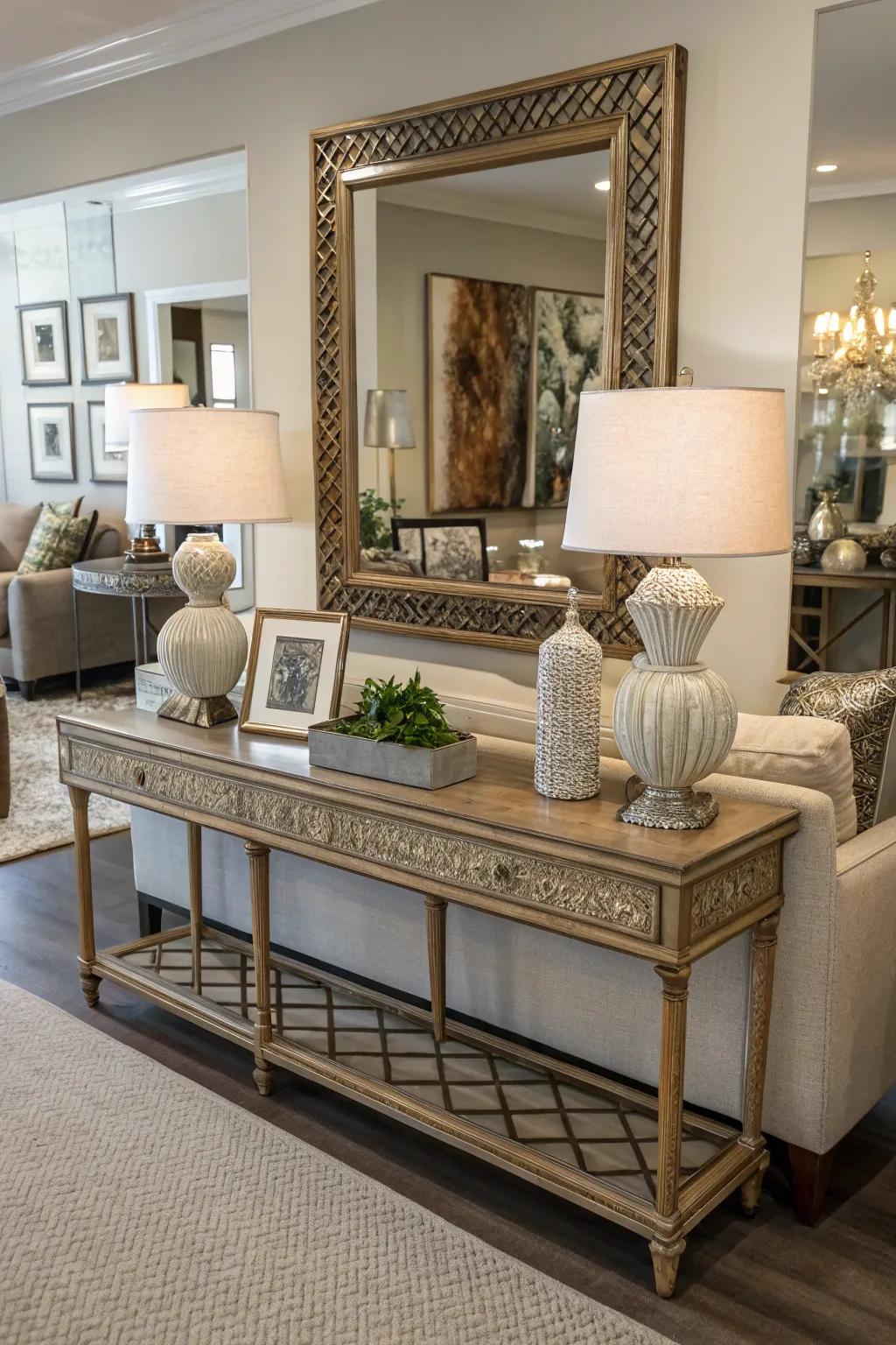 Mirrors and art contribute refinement and depth.
