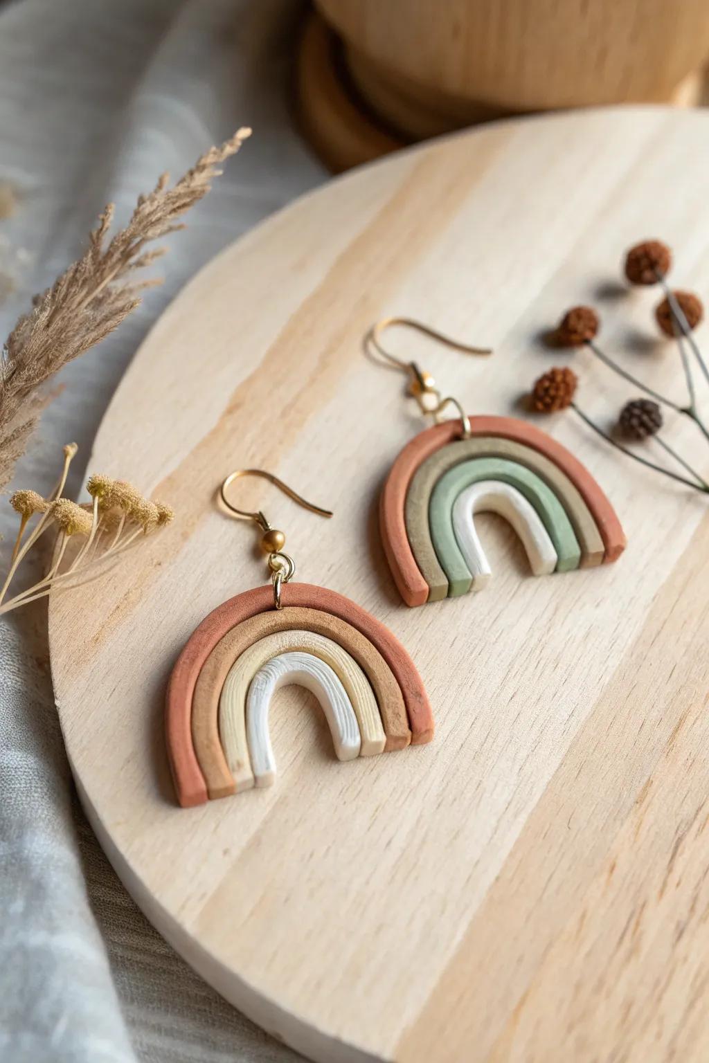 Embrace the whimsy of handcrafted free-spirit rainbows with these charming clay earrings.
