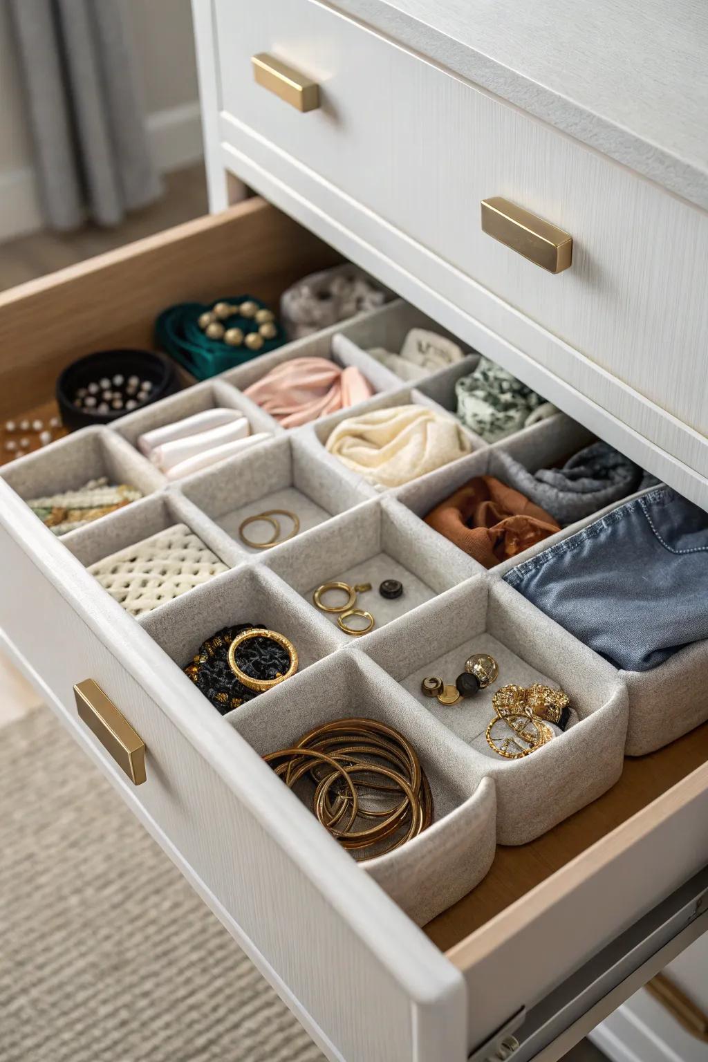 Small containers within drawers to enhance organization and secure items.