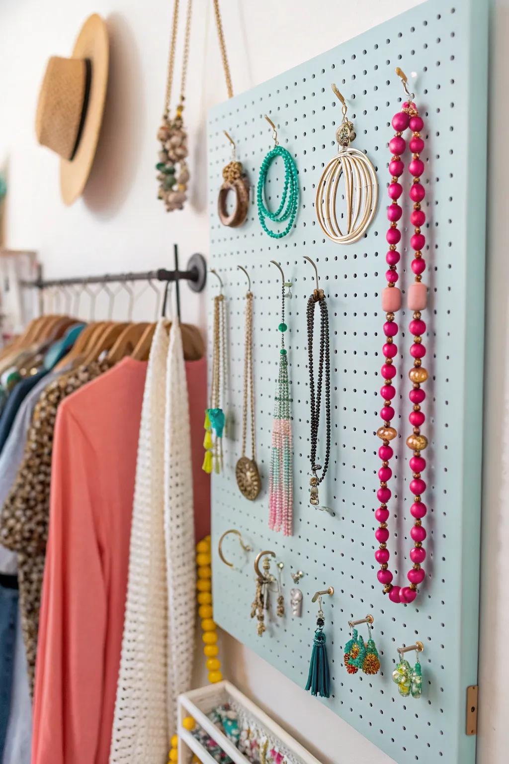 Perforated panels serve as versatile and fashionable jewelry organizers.