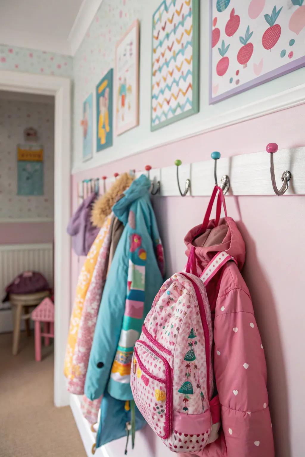 Wall hooks help keep things off the floor and in place.