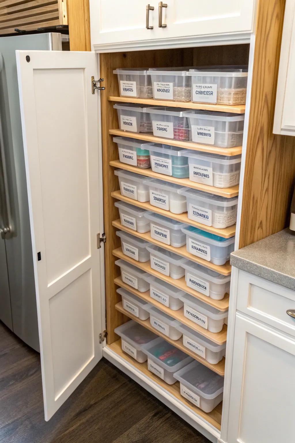 A cabinet showcasing plastic lids stored vertically to maximize space.