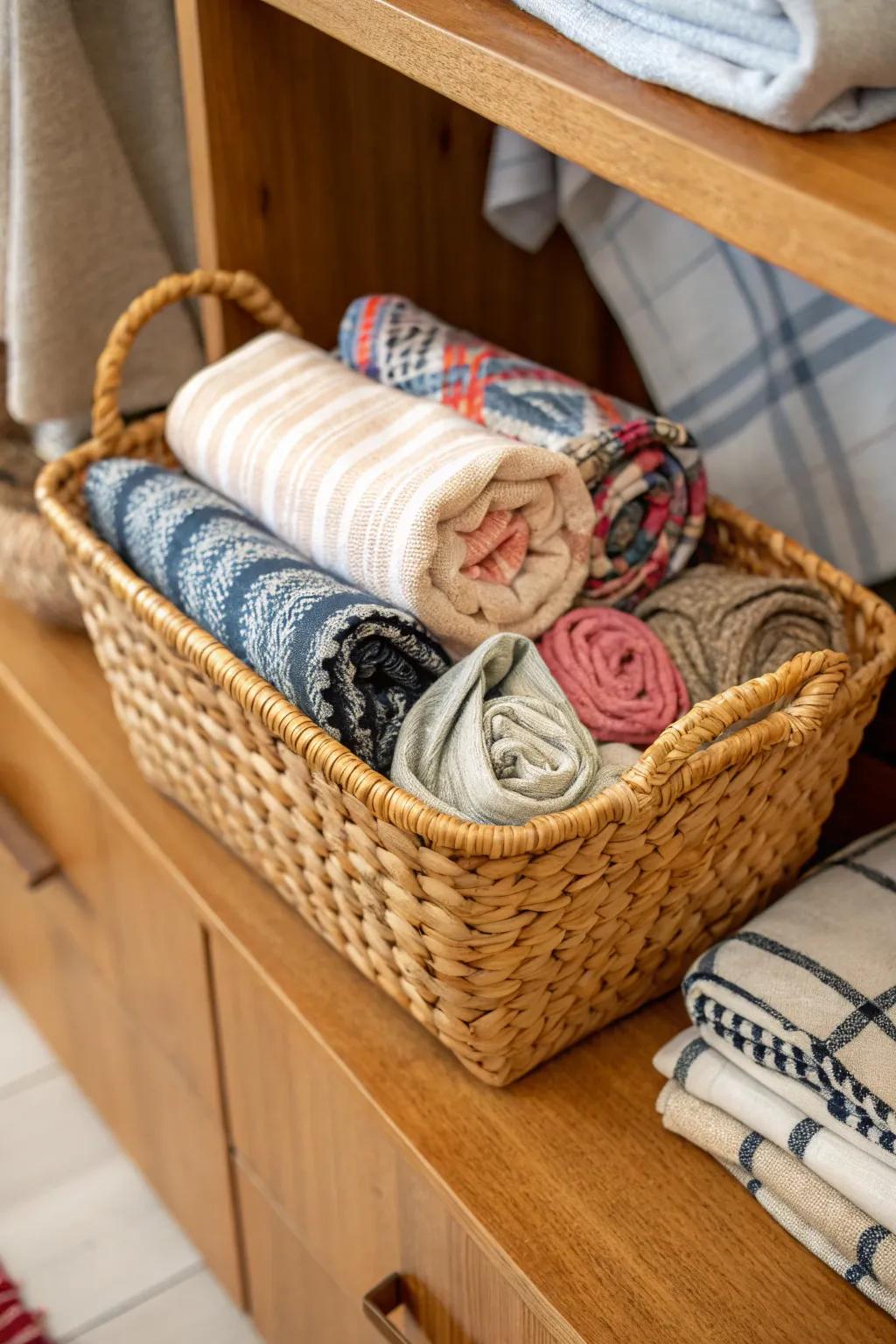 Woven baskets blend usefulness with visual charm.