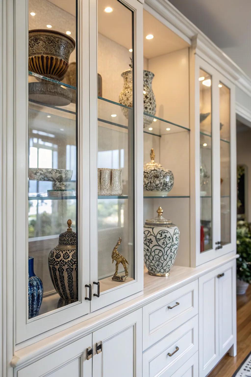 Decorative objects lending unique charm to the glass cabinets.