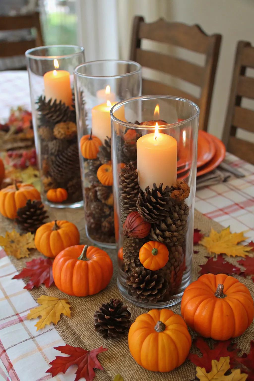 The incorporation of seasonal details such as pine cones and mini pumpkins within vases for a jovial ambiance.