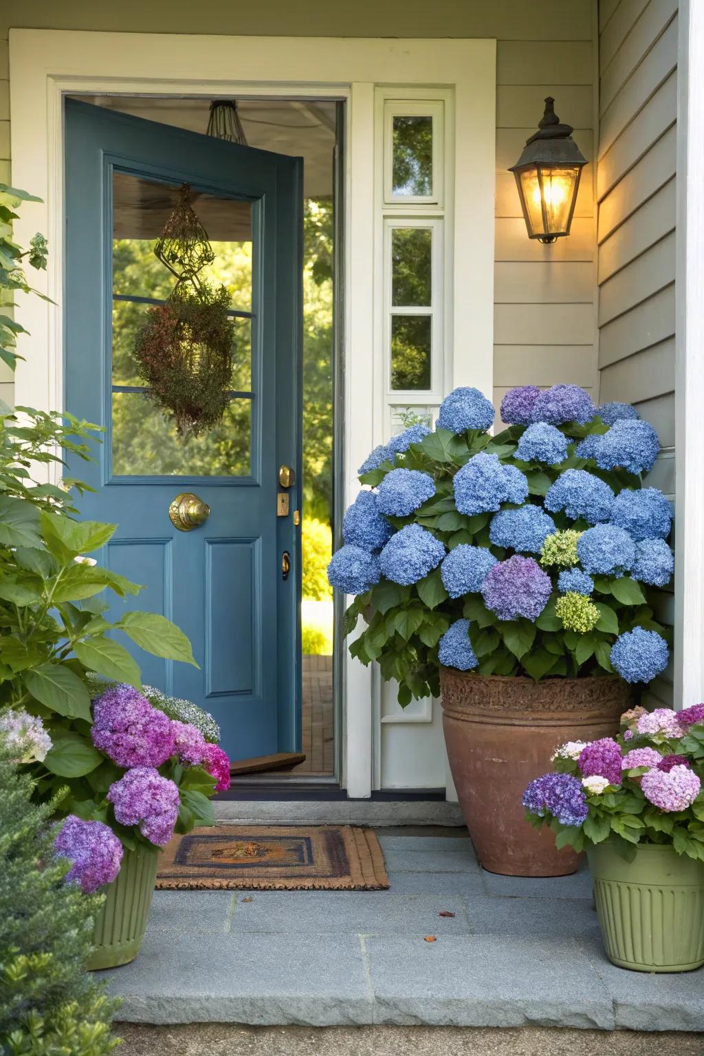 Container hydrangeas bordering a front entrance, creating a welcoming ambiance.