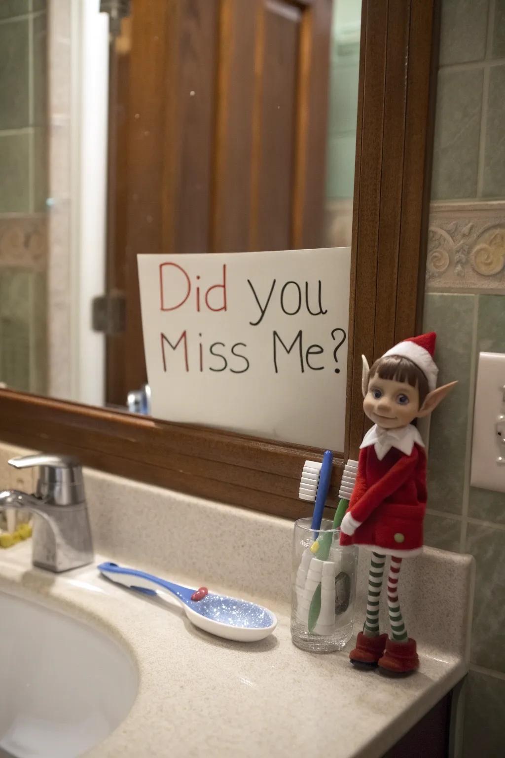 A playful message on the mirror greets the children with joy.