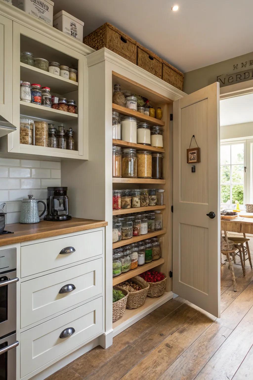 Recessed pantry shelves ensure your kitchen staples are neatly sorted.