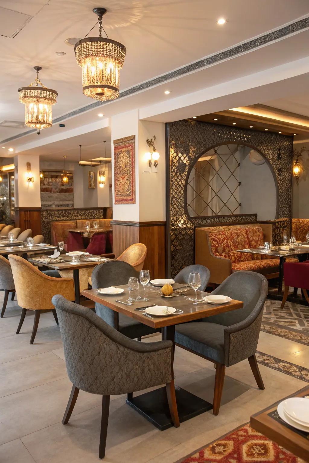 An Indian restaurant featuring a mix of modern and traditional furniture styles.