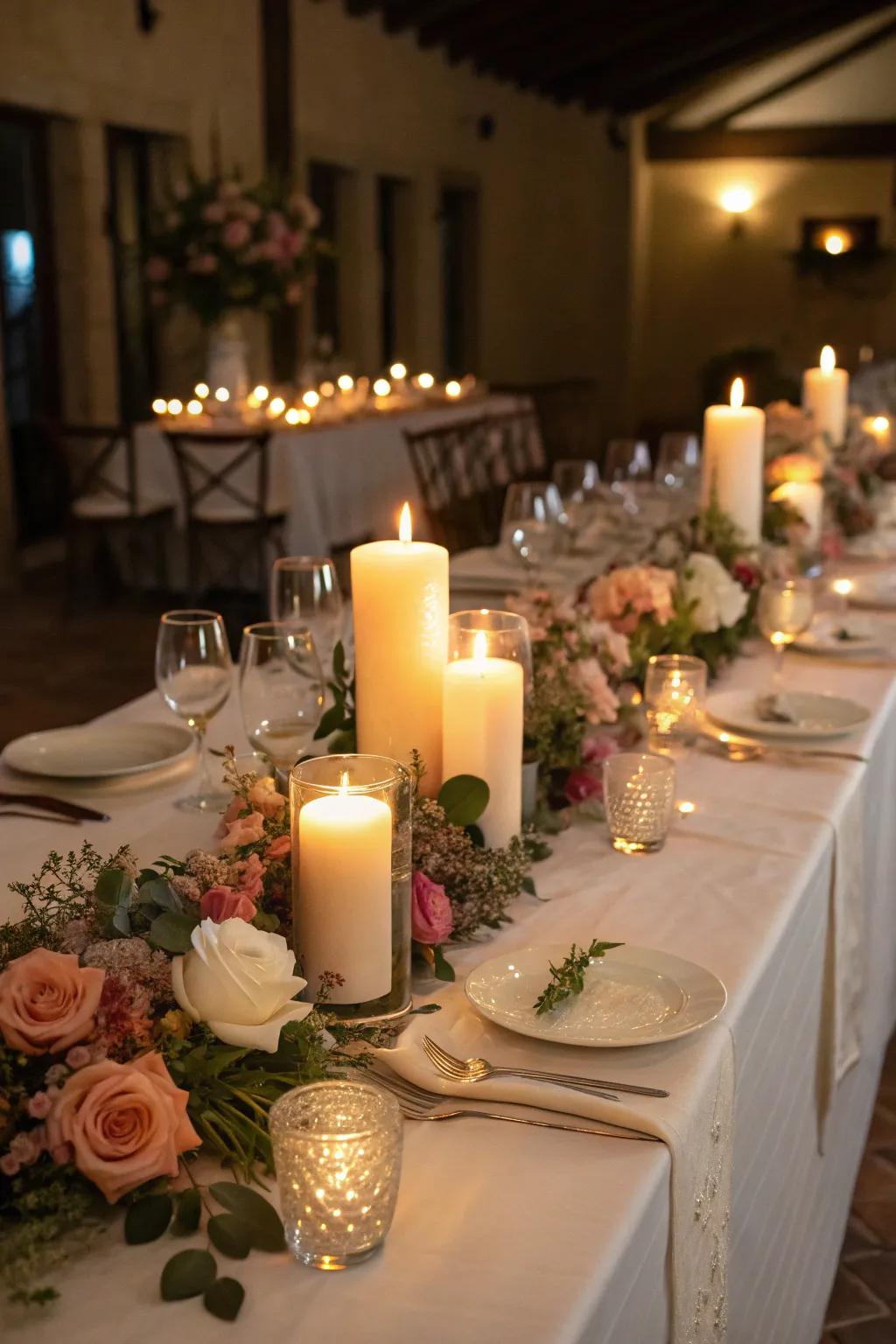 Warm taper light illuminates a reception dinner table.