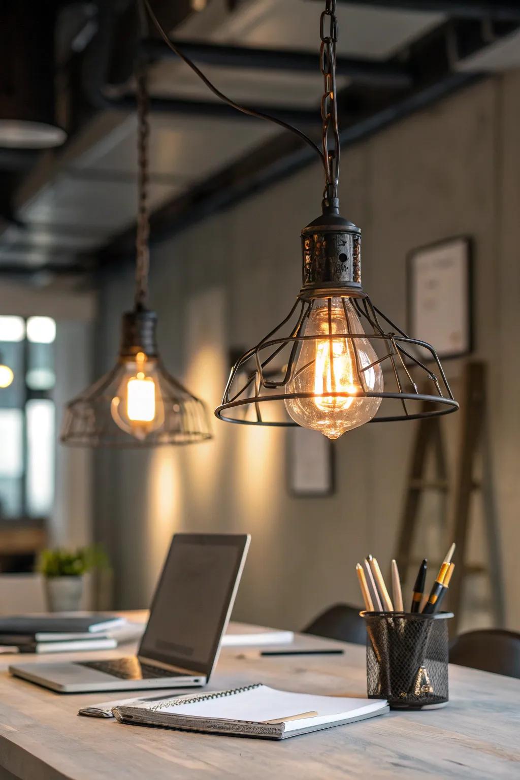 Industrial lighting with exposed bulbs boosts the workspace's ambiance.
