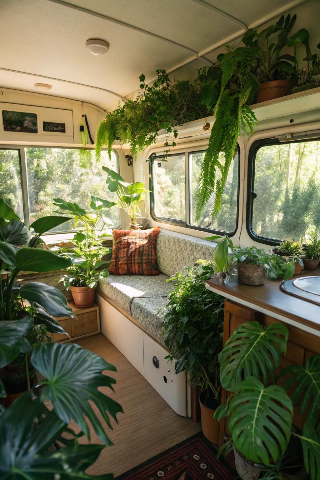 Organic components such as plants and light amplify the camper's vibe.
