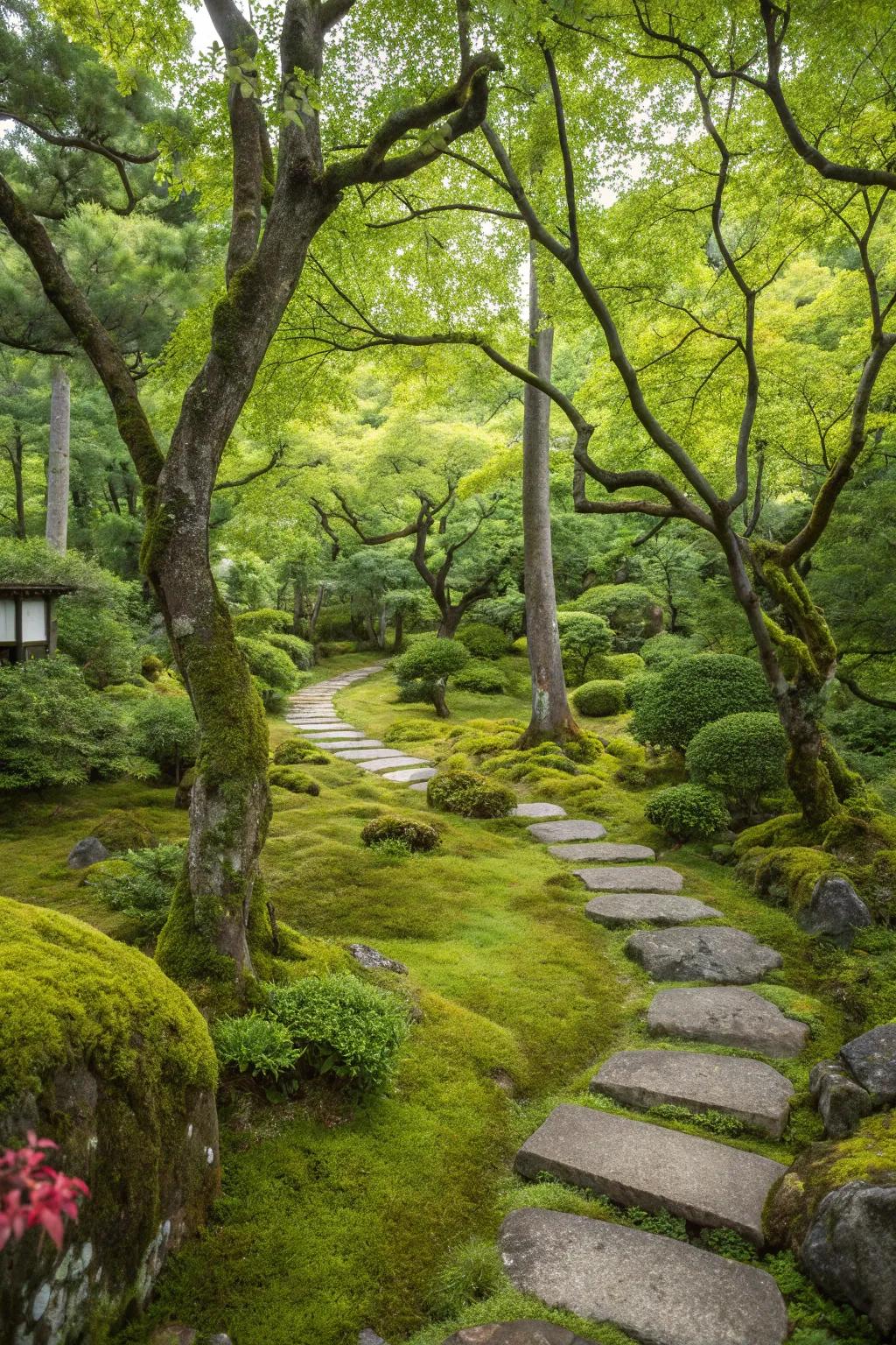 A lush Japanese garden presenting a variety of trees and moss.