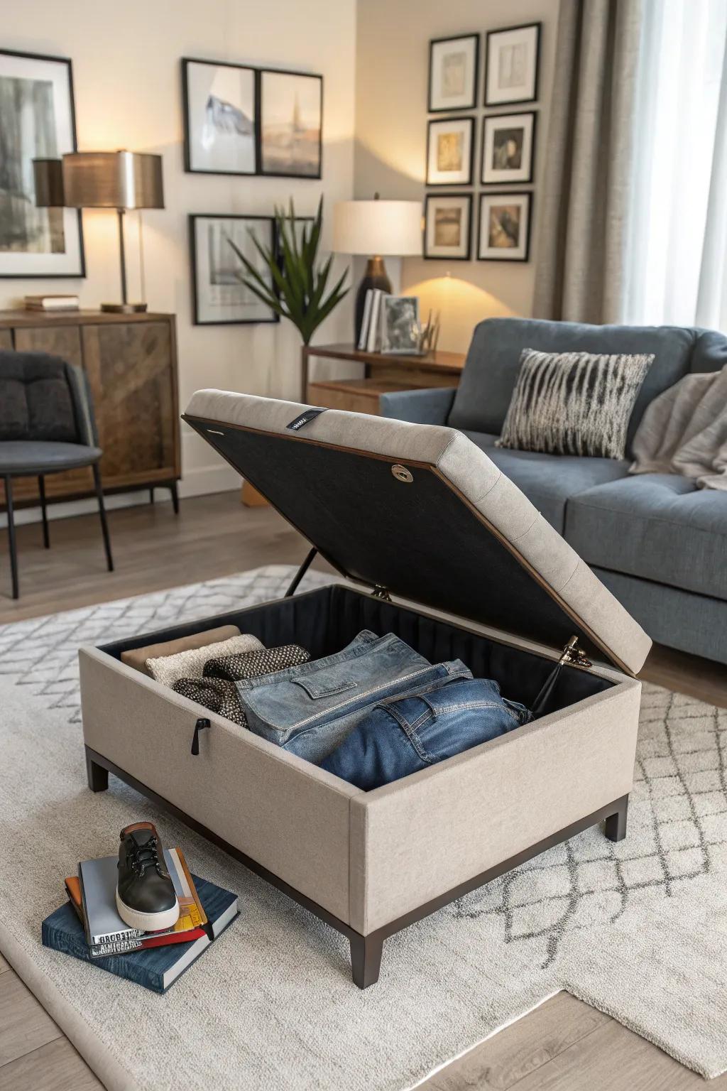 A storage ottoman provides style and function for jeans.