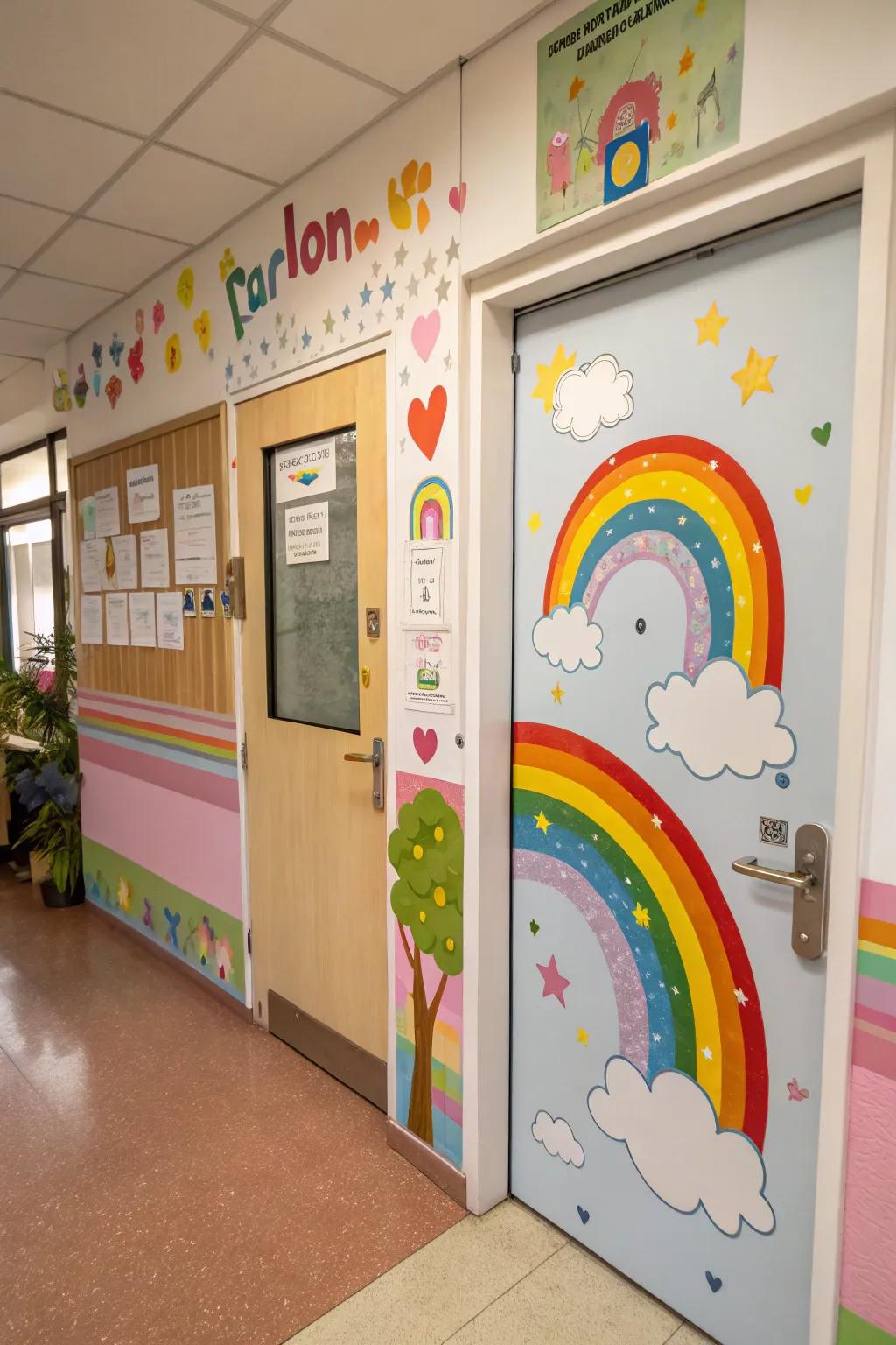 A kindergarten door showcasing clouds and rainbows for an imaginative theme.