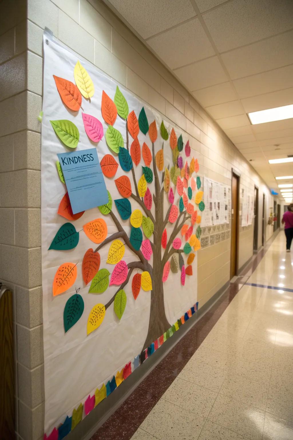 A welcoming hallway showcases a kindness tree, with colorful leaves each symbolizing an act of compassion.