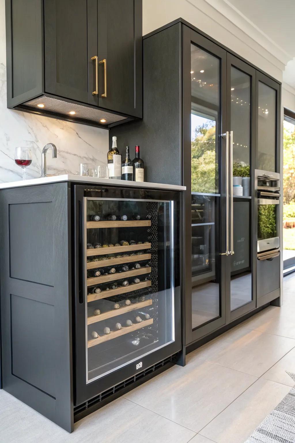 A wine cooler blends seamlessly into this sleek bar cabinet.