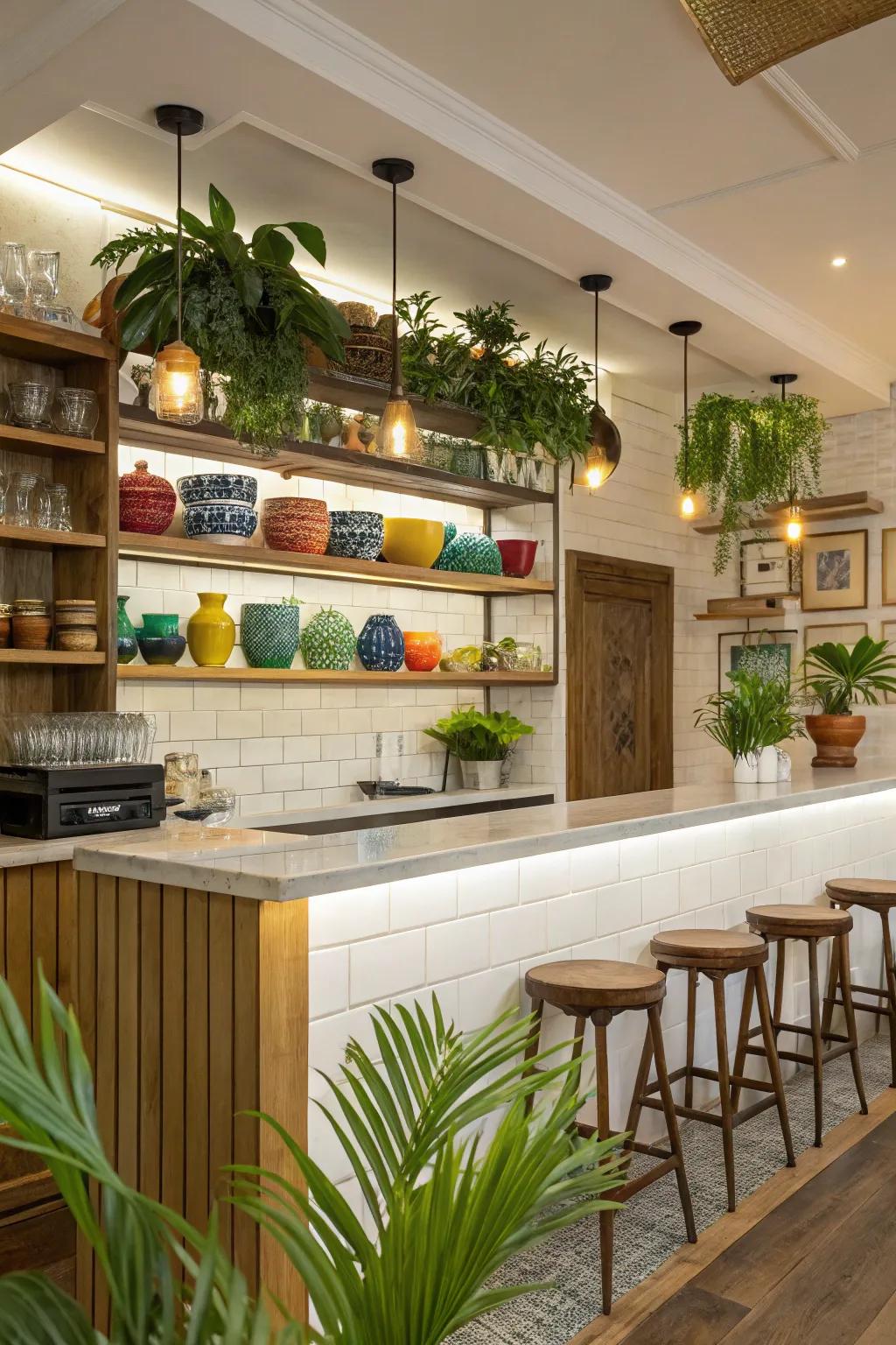Showcase your personality with open shelving above your kitchen bar.