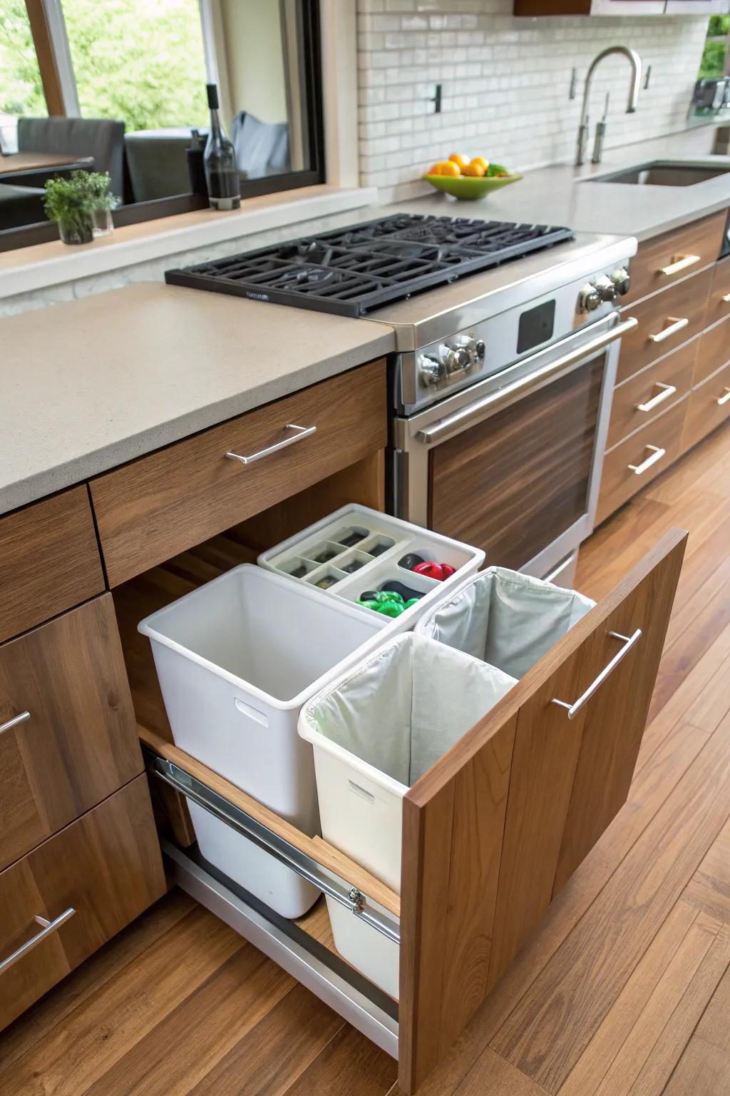 Maintain a pristine space by hiding bins inside a drawer.