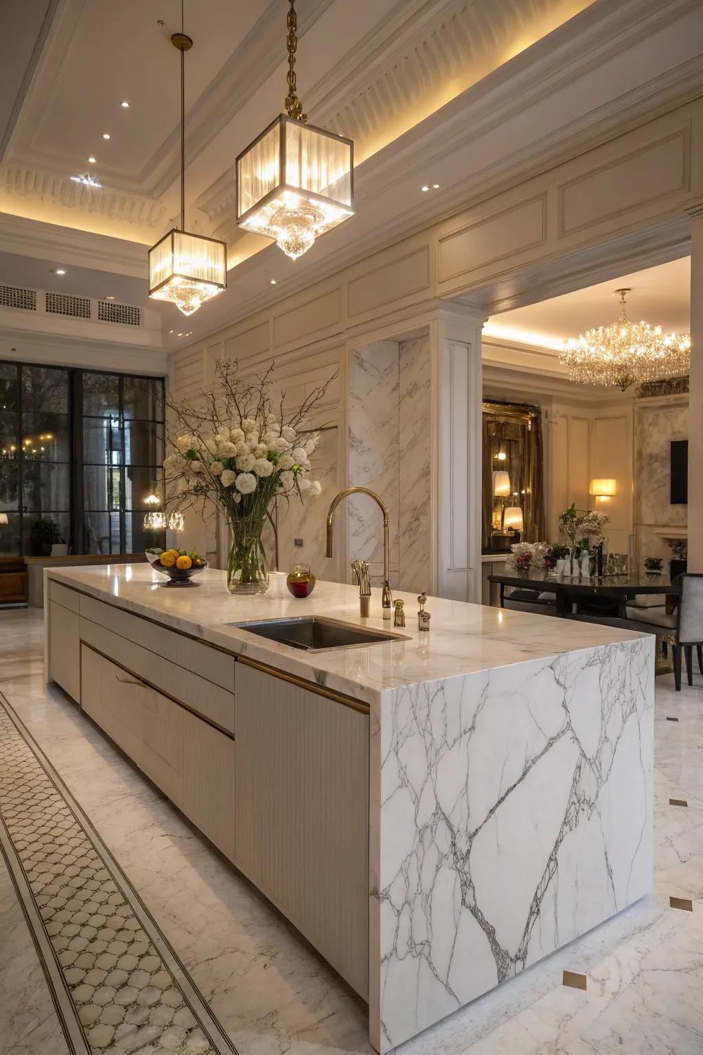 A sumptuous marble kitchen island displaying an artistic and elegant presence.