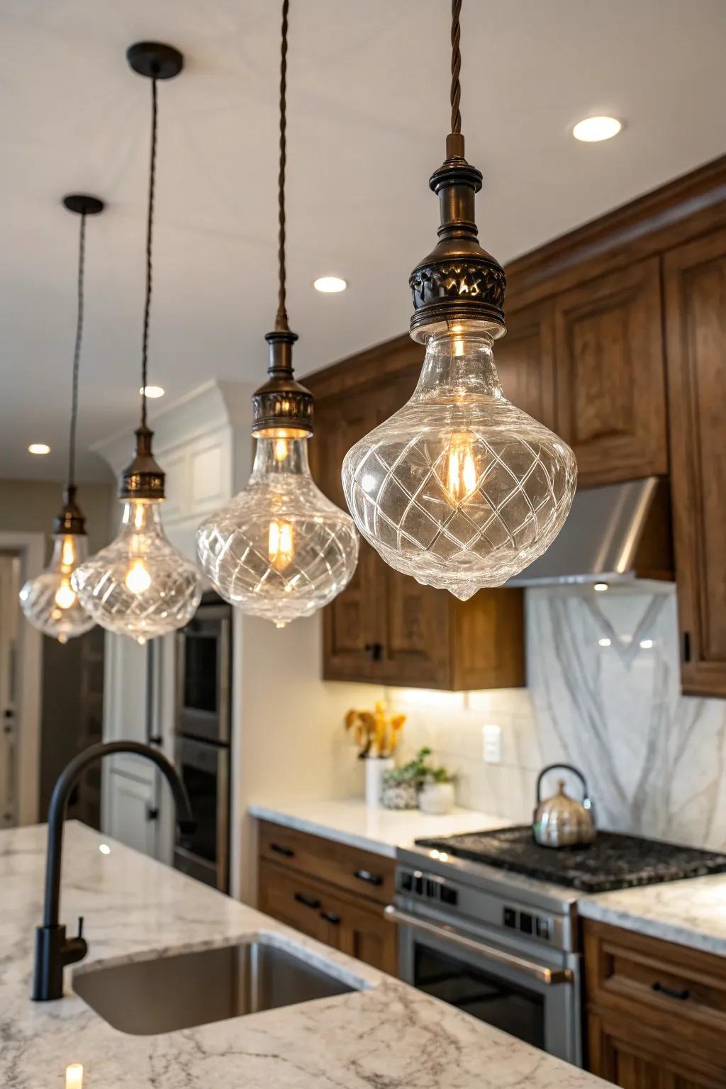 Glass lights impart a timeless elegance to this kitchen.