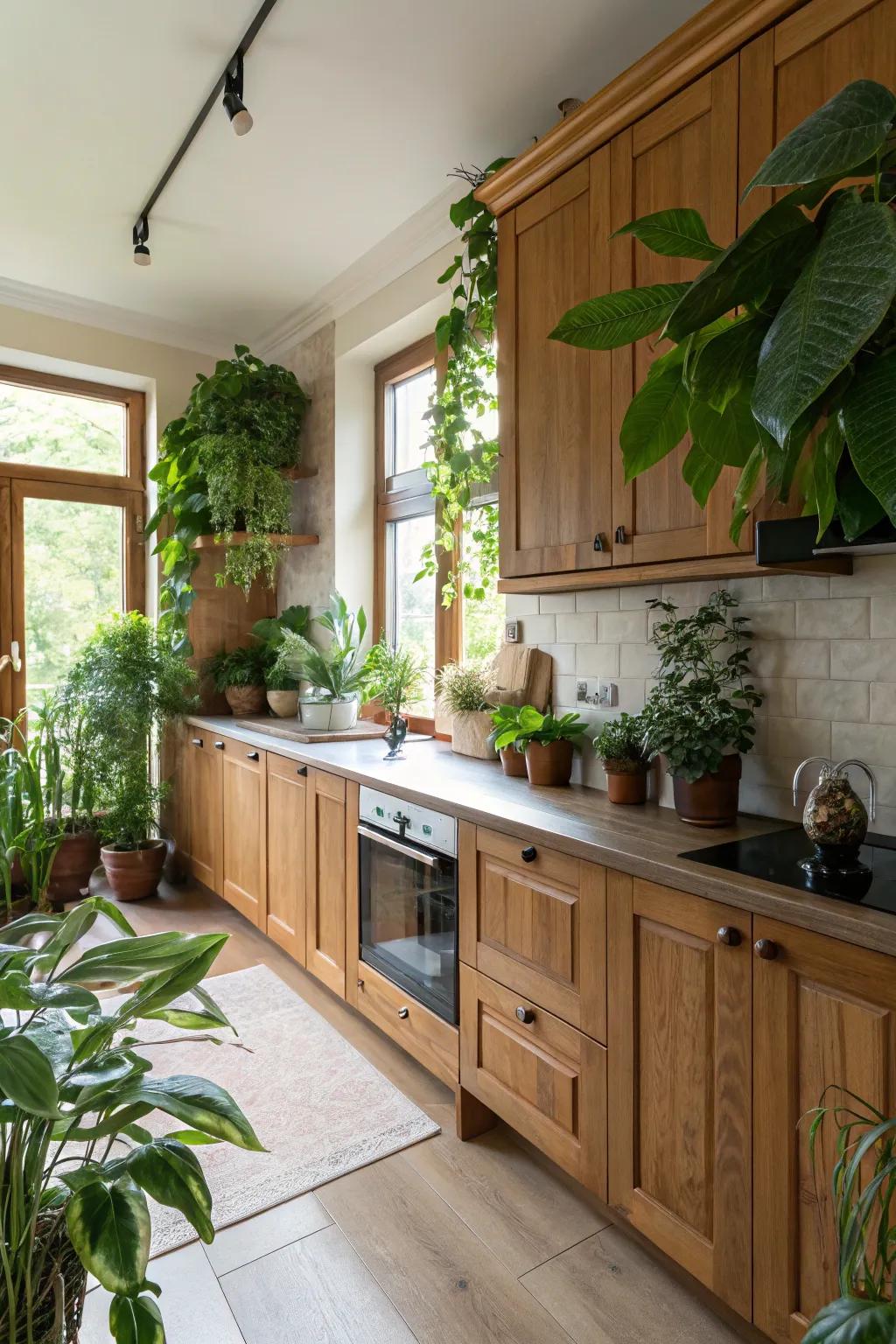 This kitchen is decorated with nature inspired elements, like wood and plants.