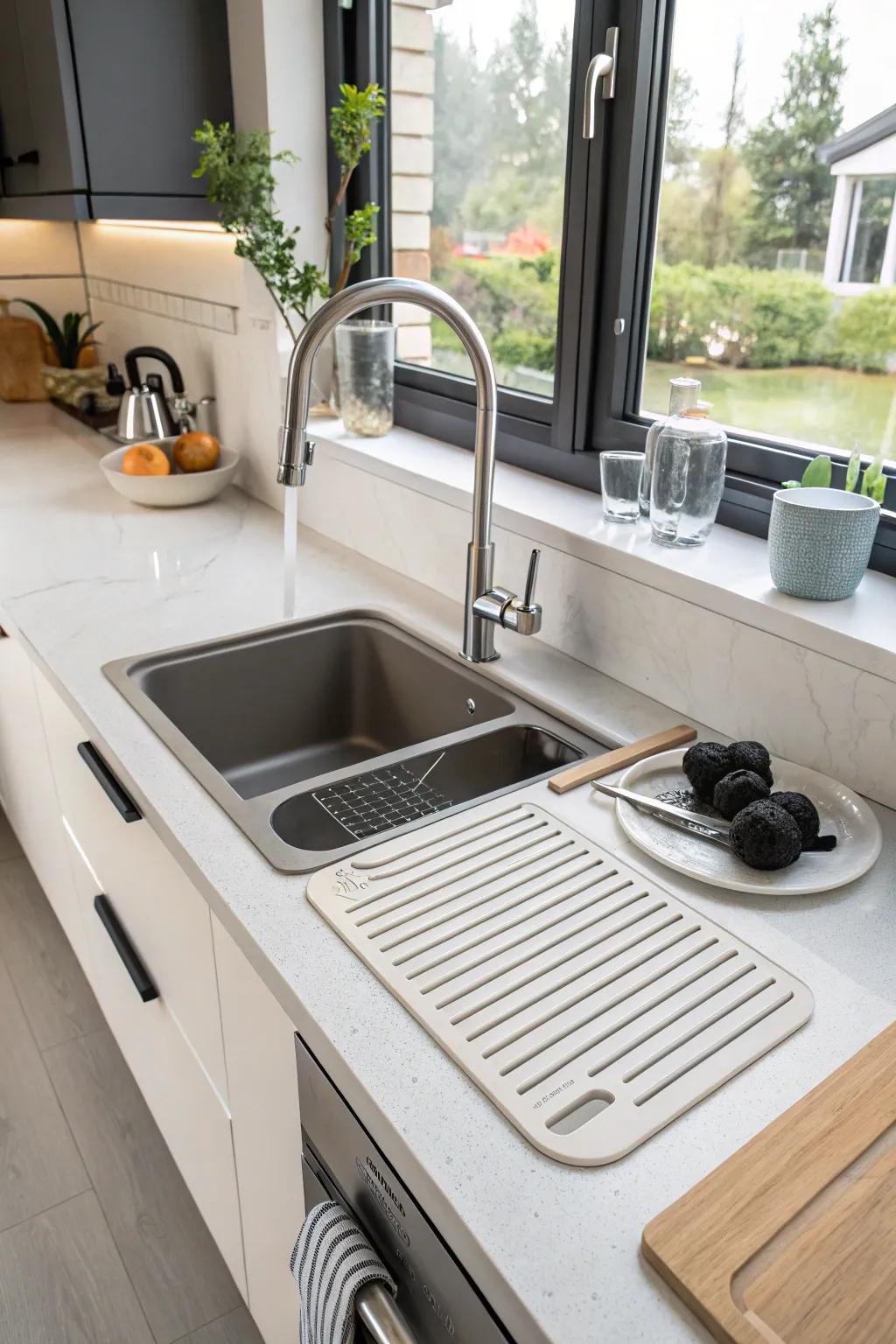 A modern kitchen featuring an integrated draining board for added convenience.