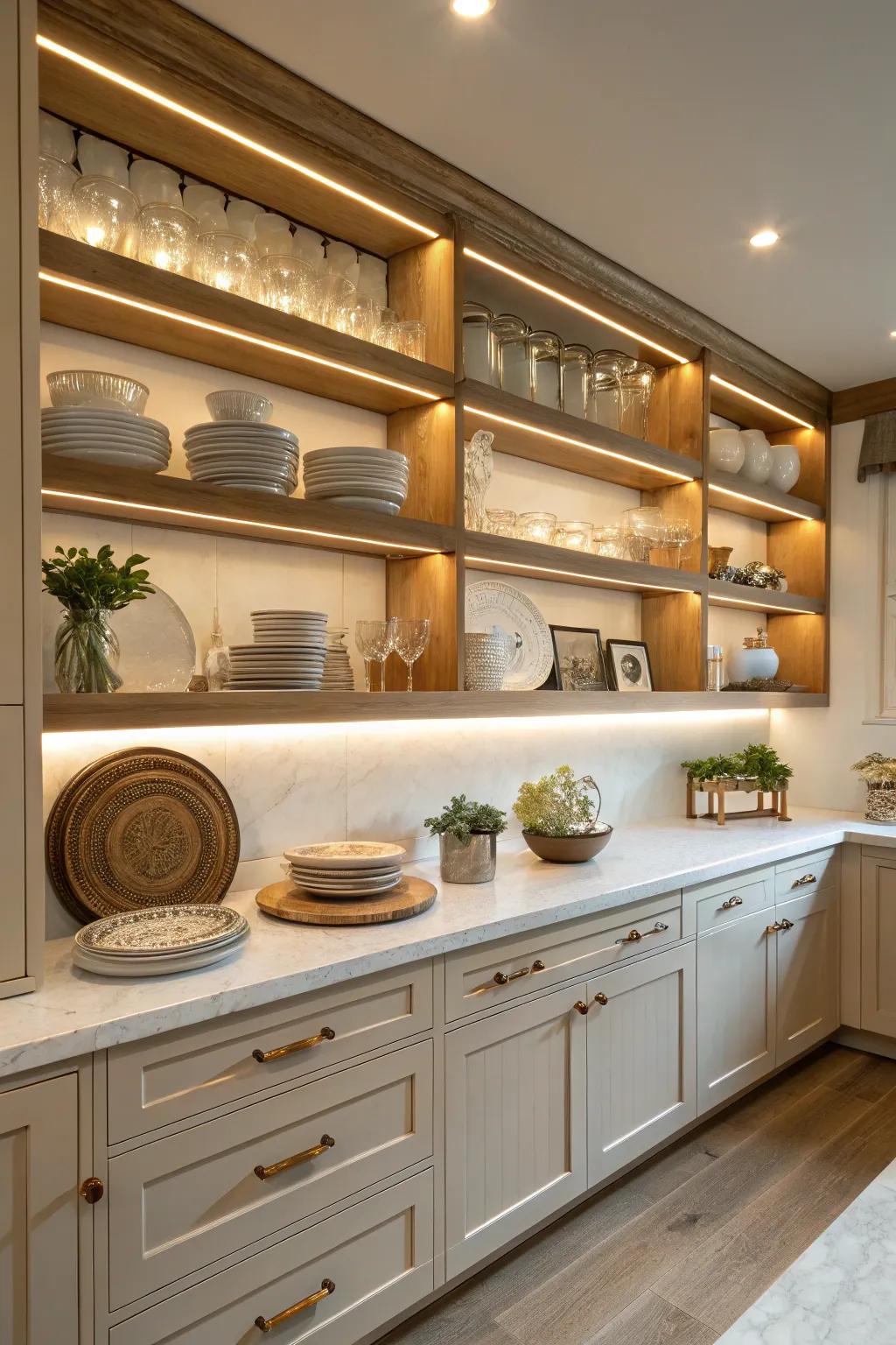 Showcase your kitchen treasures with beautifully lit shelves.
