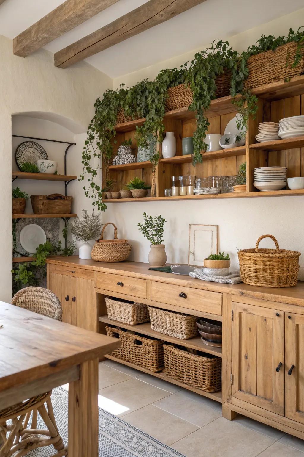 A kitchen featuring natural wood and wicker elements, crafting warmth and texture.