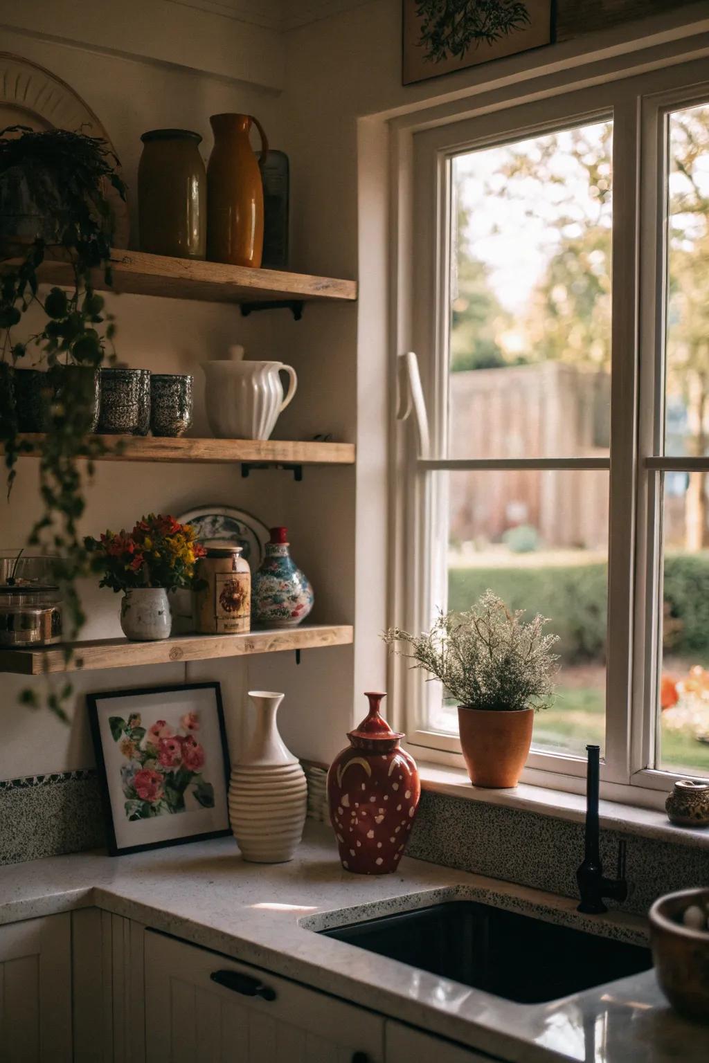 Ornamental vases and artistic elements on kitchen window shelves, creating a focal point.