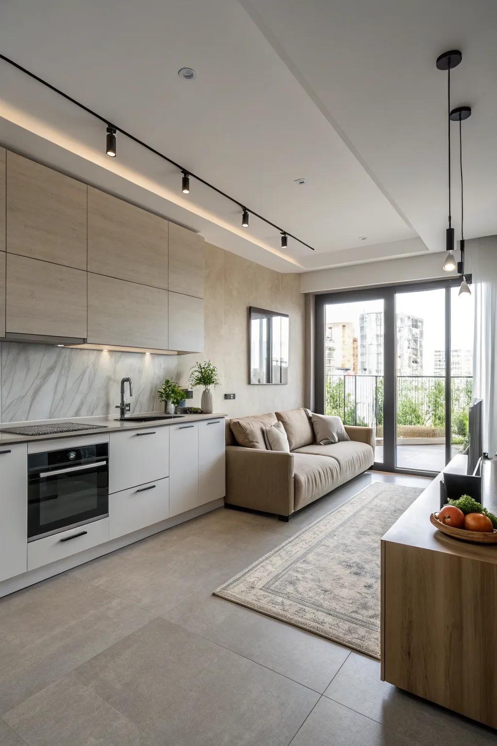 A modern kitchen presenting a streamlined sofa, demonstrating modern design basics.