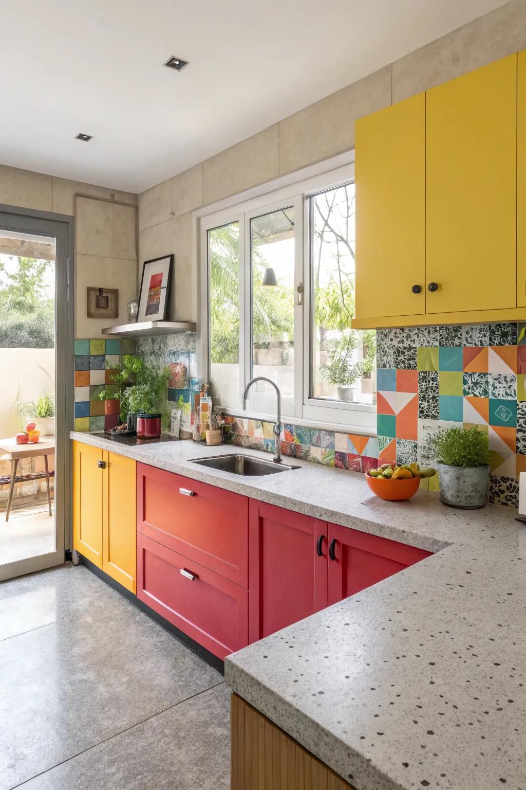 A cooking area that stands out with cement worktops and striking hue accents.