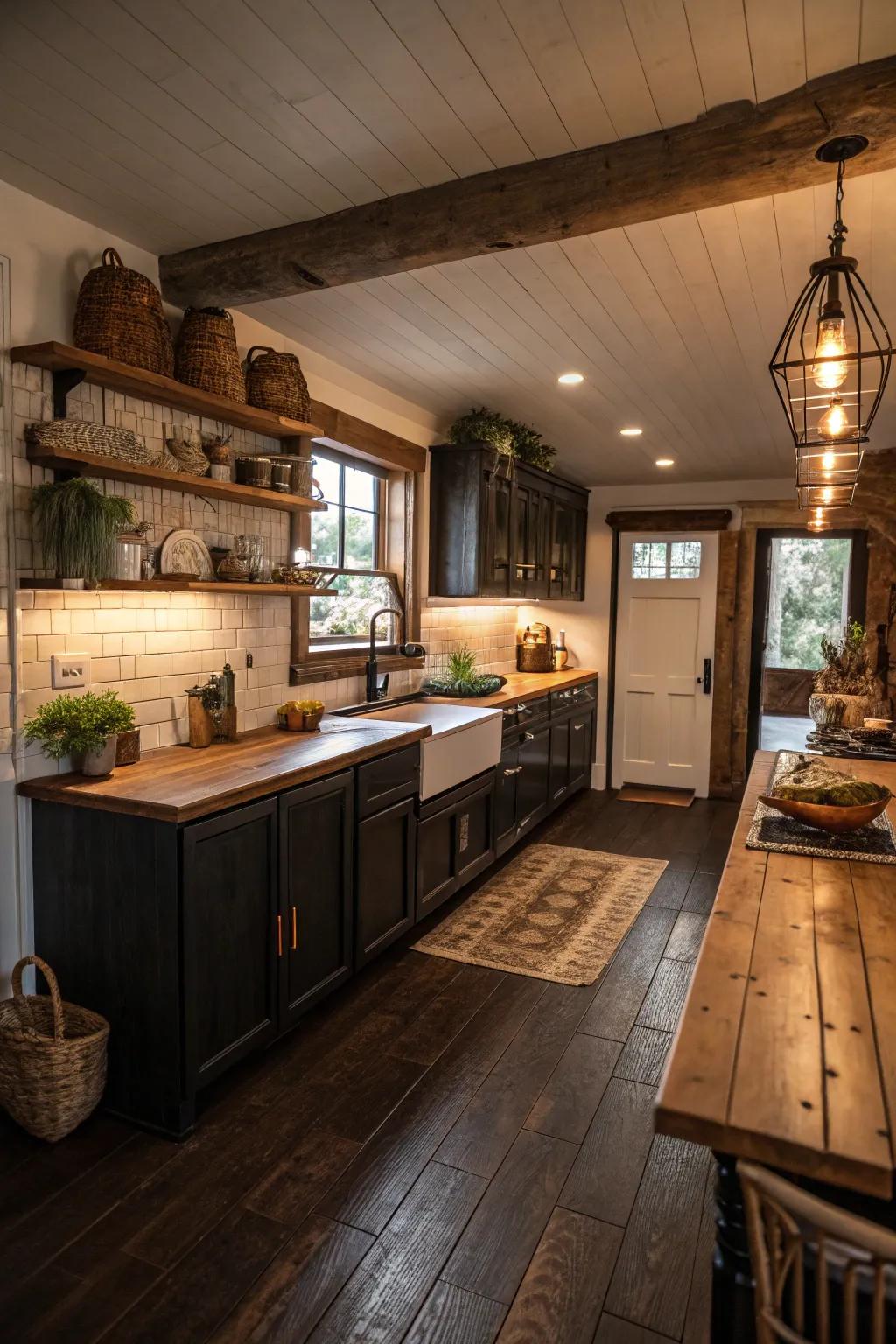 Timber surfaces adding warmth to this kitchen design that features dark floors.
