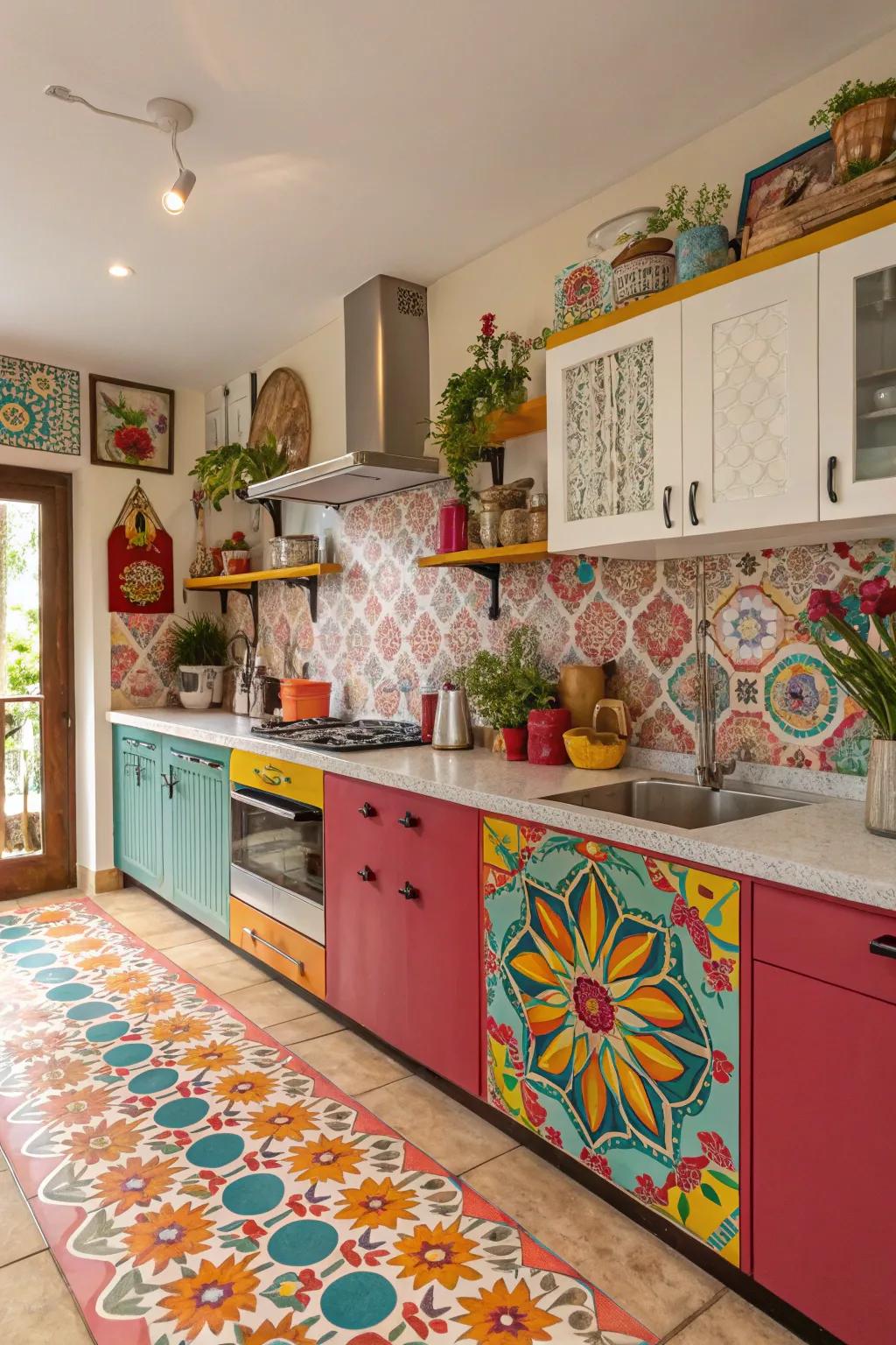 Bold designs on faux stone surfaces can transform your cooking area into a masterpiece.
