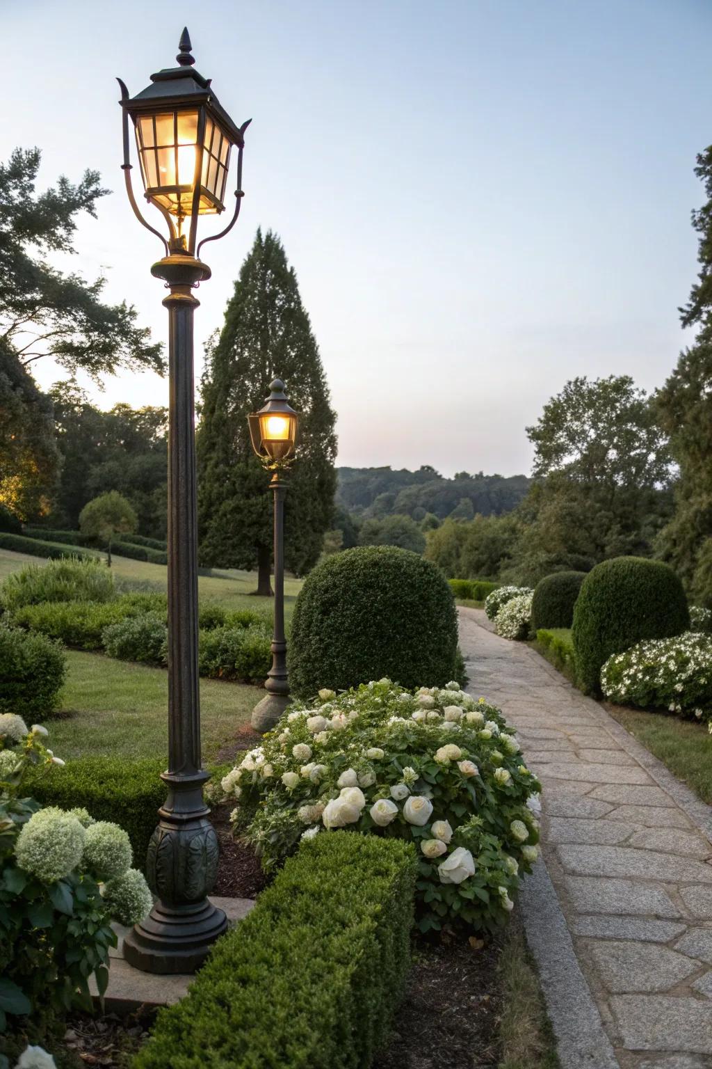 Symmetrical planting surrounding a lamp post, creating a balanced vista.